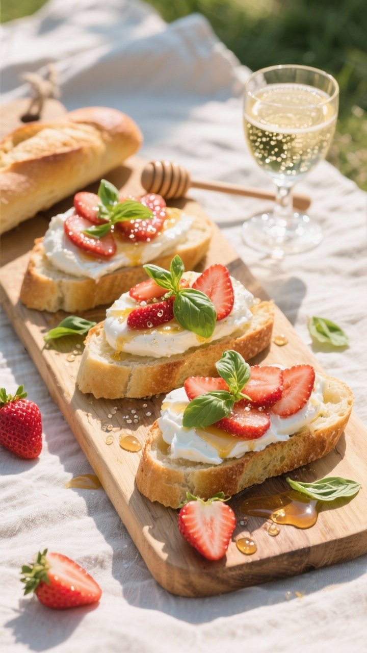 Overhead shot of sparkling strawberry burrata toasts on a rustic picnic board: golden baguette slices topped with torn creamy burrata, prosecco-macerated ripe strawberry slices glistening with basil honey, fine ribbons of fresh basil scattered, extra basil honey drizzled, tiny bubbles on strawberry juice, styled on linen with a small glass of prosecco/sparkling water and a honey dipper; bright, romantic, sunlit, shallow shadows.