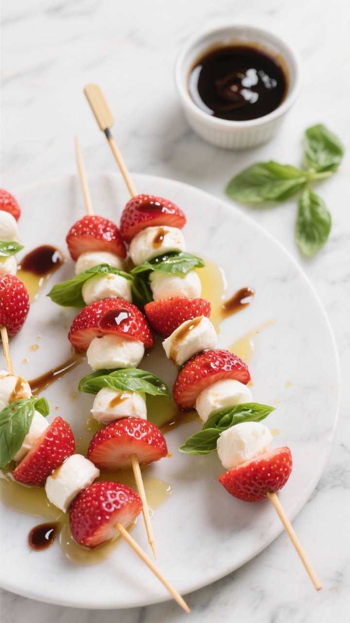 Overhead shot of sparkling strawberry caprese skewers on a matte white platter: halved hulled strawberries alternated with ciliegine mozzarella balls and fresh basil leaves on short bamboo picks, glistening with extra-virgin olive oil, honey, and a glossy balsamic glaze drizzle; a small ramekin of thick balsamic reduction nearby, scattered basil leaves, bright red and green contrast on a light marble surface.
