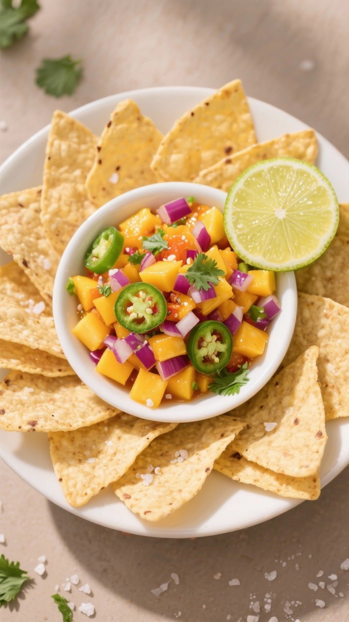 Overhead shot of Spicy Mango Pico Spread: finely diced ripe mangoes, minced jalapeño, red onion, chopped cilantro, lime juice, and a light chili-lime seasoning; vibrant yellow-orange and purple-red contrasts; served in a low white bowl with lime wedges and a sprinkle of flaky salt; tortilla chips arranged in a sunburst; bright, tropical, punchy color palette.