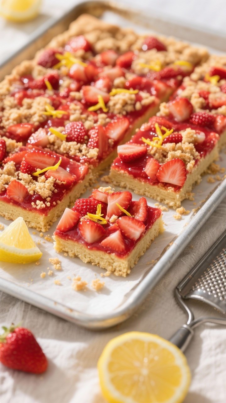 Overhead shot of strawberry-lemon sheet pan bars: buttery shortbread base (butter, sugars, flour, vanilla) topped with a glossy layer of diced strawberries and bright lemon zest, finished with a crumbly streusel; squares cut cleanly with crumbs scattered, a microplane and halved lemon nearby; vibrant reds and sunny yellow tones on a light linen, soft morning light for a bakery-fresh feel.