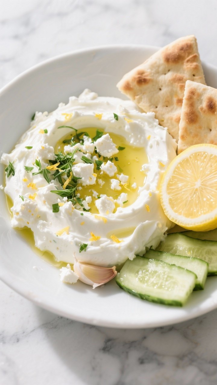 Overhead shot of Summer Herb Whipped Feta in a shallow white bowl: ultra-creamy whipped blend of crumbled feta and whole-milk Greek yogurt with visible lemon zest flecks, a glossy drizzle of extra-virgin olive oil, and a scatter of finely chopped fresh herbs; grated garlic and a wedge of lemon on the side; served with warm pita wedges and cucumber spears on a cool marble surface, bright daylight, crisp textures emphasized.