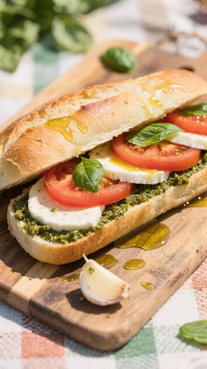 Overhead shot of Sunshine Caprese Sandwiches being assembled on a rustic board: a horizontally sliced large ciabatta loaf brushed with olive oil and rubbed with a halved garlic clove, bottom half generously spread with basil pesto, layered with 1/4-inch slices of fresh mozzarella and thick ripe tomato slices, a few fresh basil leaves scattered, olive oil drips glistening; bright, sunlit picnic vibe, crisp textures, Italian colors popping, no people.
