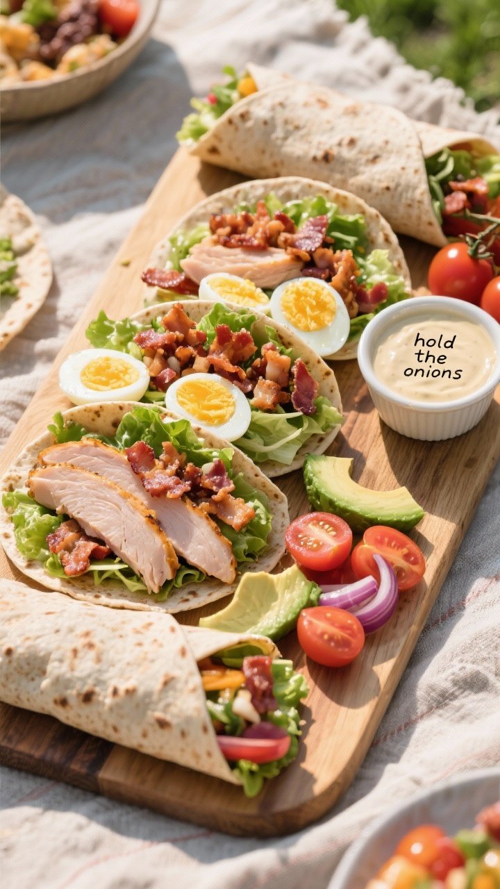 Overhead shot of Tail-Wagging Turkey Cobb Wraps assembly on a picnic board: whole-wheat tortillas layered with sliced roasted turkey breast, crumbled bacon, sliced hard‑boiled eggs, romaine, avocado, cherry tomatoes, and a small ramekin of creamy dressing on the side; clearly labeled “hold the onions” by their absence; vibrant colors, tight composition, rustic linen, natural daylight, ready to roll, pet-friendly vibe.