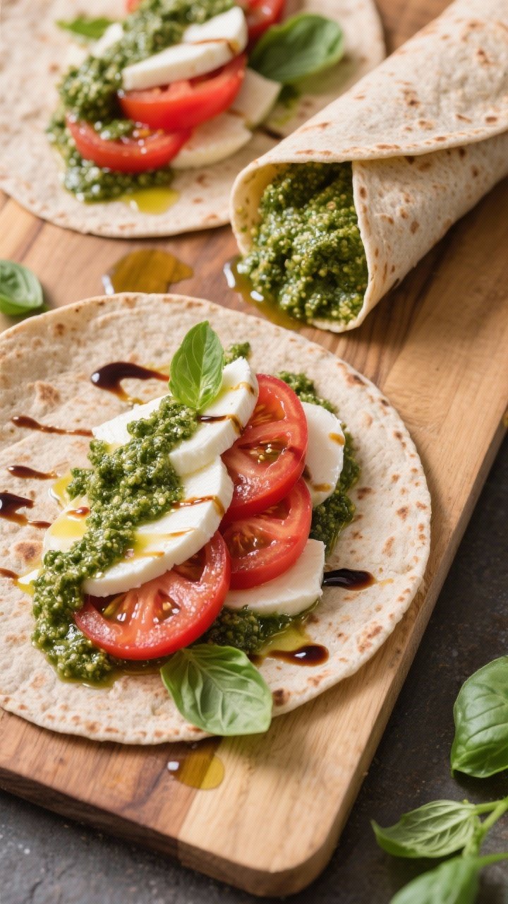 Overhead shot of Trailhead Caprese Wraps being assembled on a wooden board: whole-wheat tortillas laid open, glossy basil pesto swiped across, layered slices of fresh mozzarella and ripe tomatoes (patted dry), scattered fresh basil leaves, a drizzle of olive oil and balsamic glaze ready to go; one wrap partially rolled to show the pesto crunch and vibrant red-green-white contrast, natural daylight, crisp textures, no people.