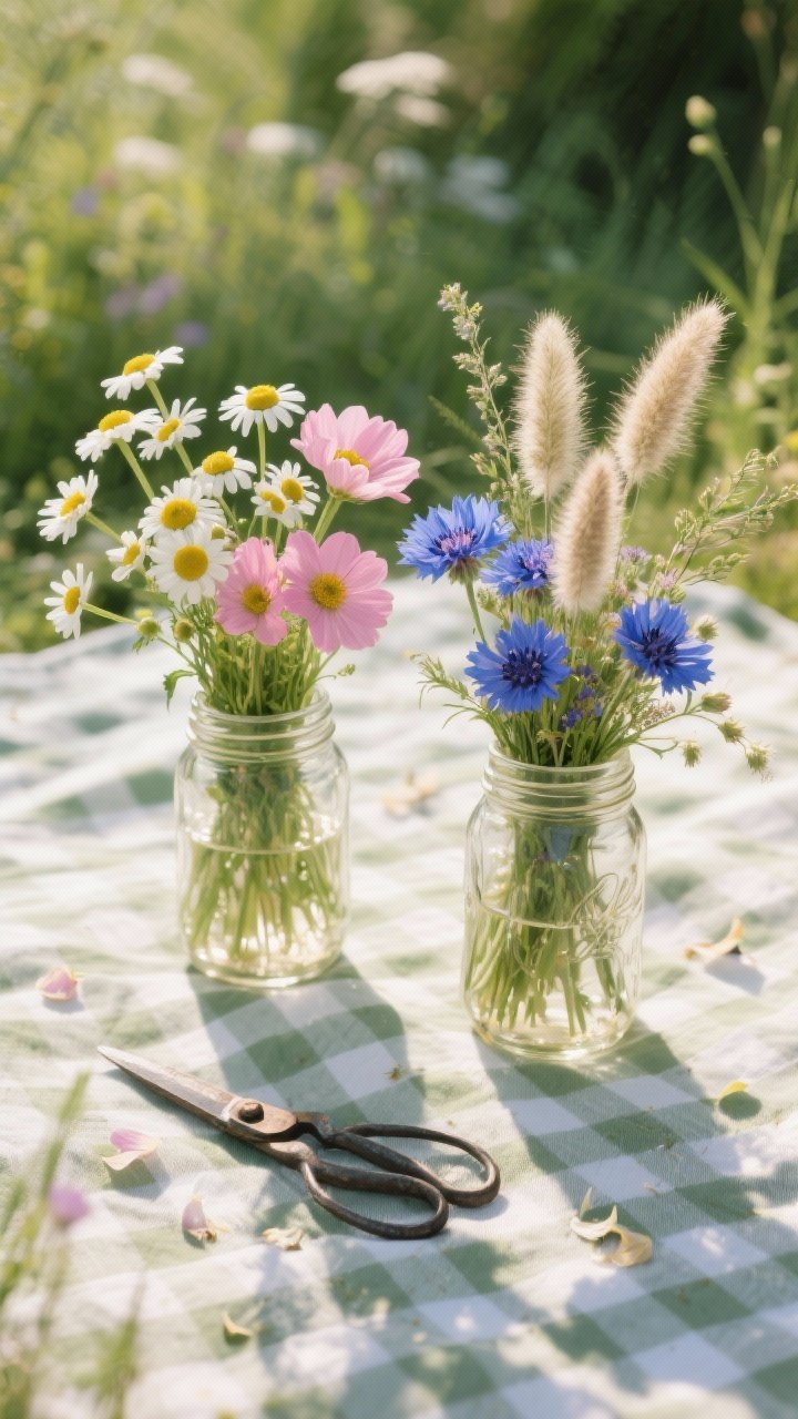 Overhead shot of two small mason jars styled as wild meadow bouquets on a gingham picnic cloth: 6–8 stems chamomile/feverfew with tiny daisy faces, 5 pink-and-white cosmos, 4 blue cornflowers/bachelor’s buttons, and 4 fluffy bunny tail or fountain grass plumes spilling casually, natural dappled sunlight, soft breeze implied, rustic scissors and a few loose petals scattered for an organic mid-stroll look.