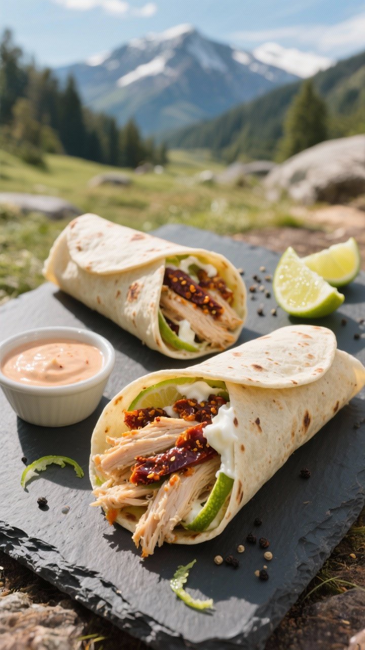 Overhead shot of two tightly rolled smoky chipotle chicken wraps sliced on the bias, showing juicy shredded chicken bound with Greek yogurt and mayonnaise, flecks of minced chipotle in adobo, and ribbons of lime zest; tortillas are dry and intact to emphasize “no sogginess,” with a small ramekin of extra chipotle-yogurt sauce, lime wedges, and a sprinkle of coarse black pepper on a slate board; bright, natural mountain picnic mood, crisp textures, no people.