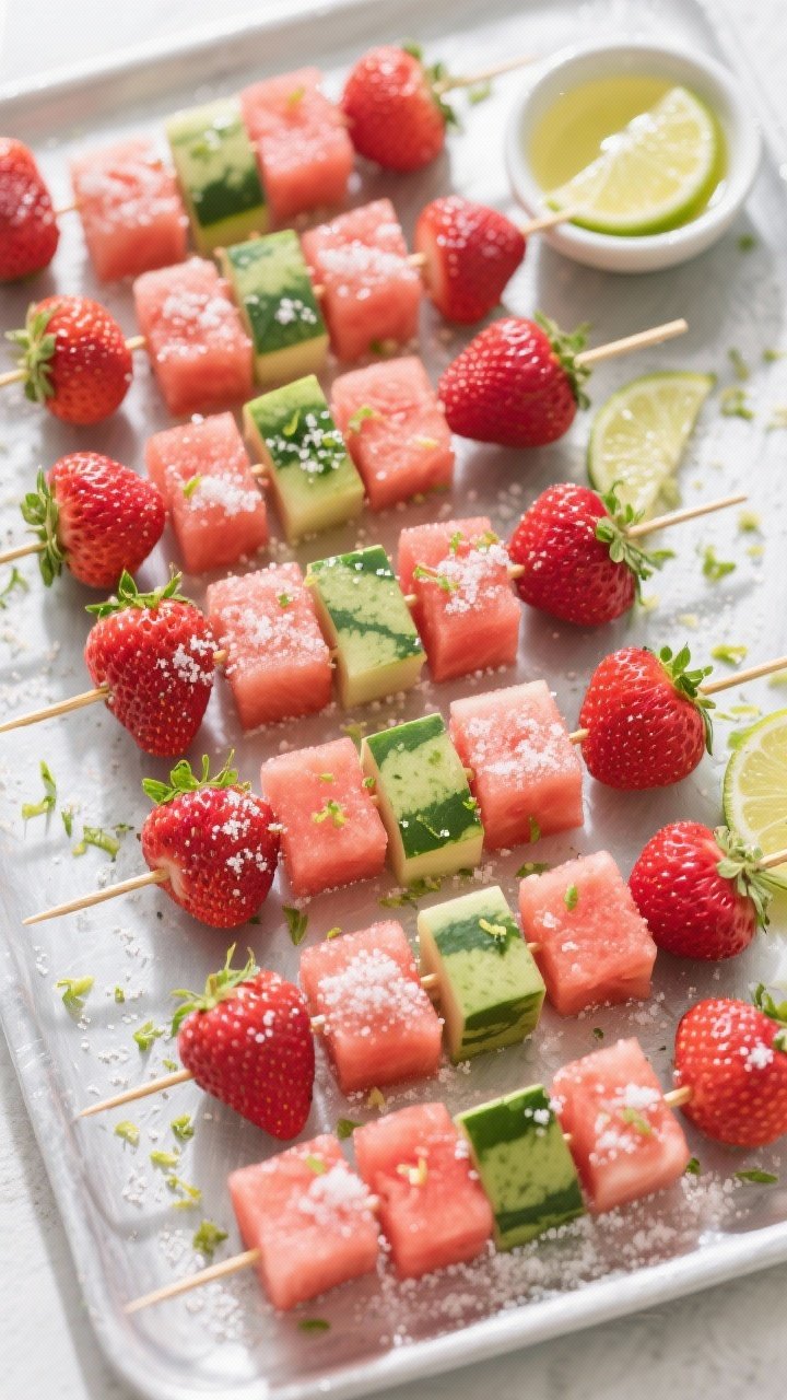 Overhead shot of Watermelon, Strawberry, and Lime Skewers arranged in neat rows on a chilled platter; alternating 1-inch watermelon cubes and whole hulled strawberries; a fine dusting of basil sugar (fresh basil blitzed with sugar) shimmering on the fruit; lime zest confetti and a small bowl of lime juice for brushing; vibrant, summery colors, bright natural light.
