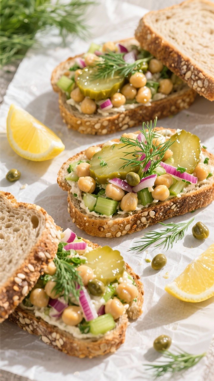 Overhead shot of zesty chickpea salad sandwiches on seeded whole-grain bread, the filling visibly studded with chickpeas, finely diced celery, red onion, chopped dill pickles, capers, fresh chopped dill and parsley, with a glossy lemony dressing; slices arranged on parchment with lemon wedges, extra dill sprigs, capers scattered; bright, crisp textures, natural daylight, picnic-ready vibe.