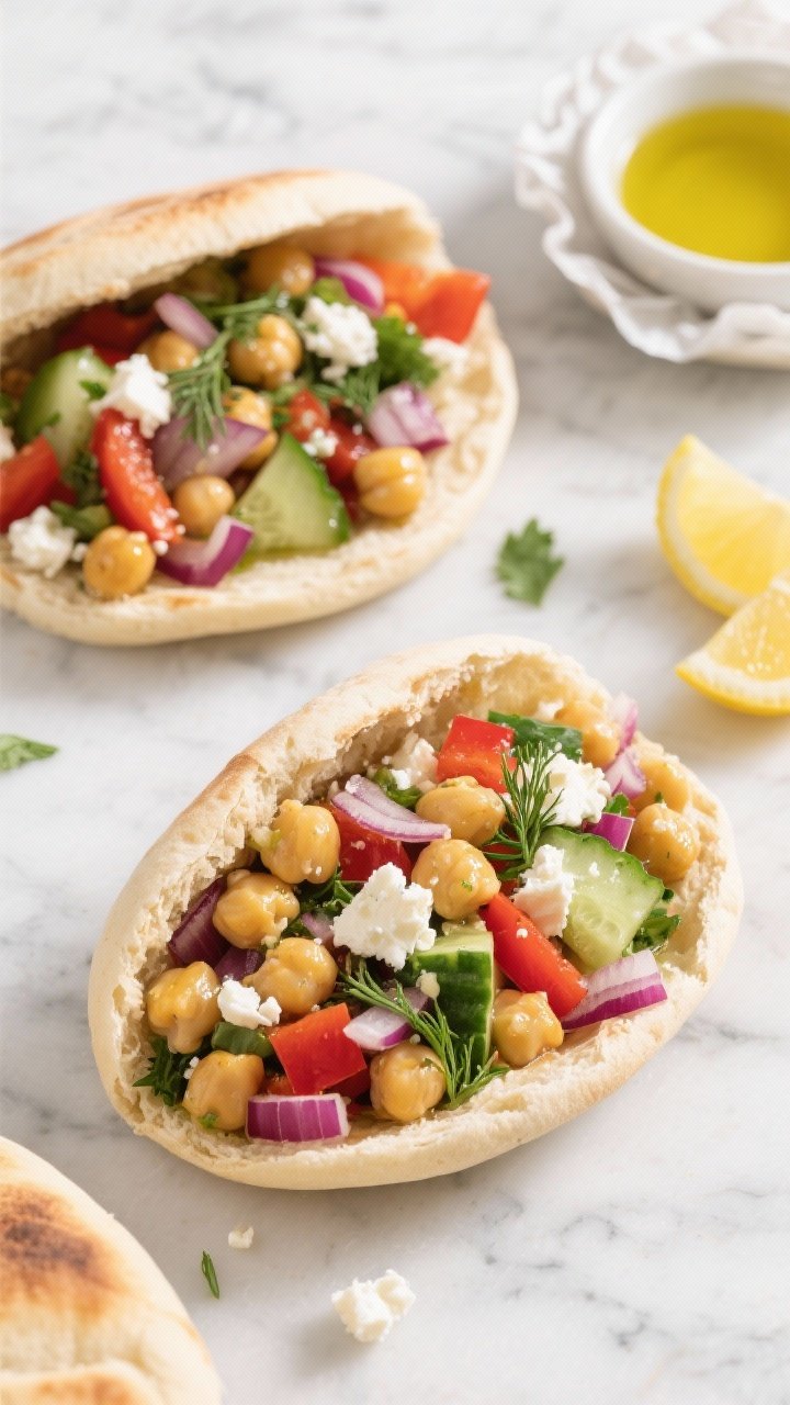 Overhead shot of zesty chickpea salad stuffed into warm pita halves on a light marble surface: golden chickpeas, finely chopped red onion, diced red bell pepper, diced cucumber, crumbles of feta, chopped fresh parsley and dill, glossy olive oil and lemon wedges on the side, a small bowl of extra feta, parchment crinkles for texture, bright and crunchy, no people, professional food styling.