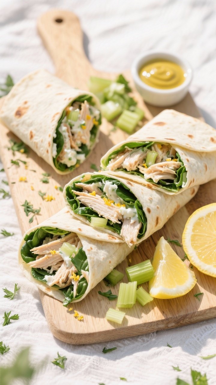 Overhead shot of zesty herbed chicken salad wraps sliced on a board: spinach tortillas filled with shredded rotisserie chicken bound with a mayo–Greek yogurt blend, Dijon, lemon zest and juice, finely diced celery, and finely chopped herbs, tightly wrapped so they look unsoggy; lemon wedges, extra celery bits, and a small dish of Dijon on a light linen, bright picnic mood, crisp textures emphasized.