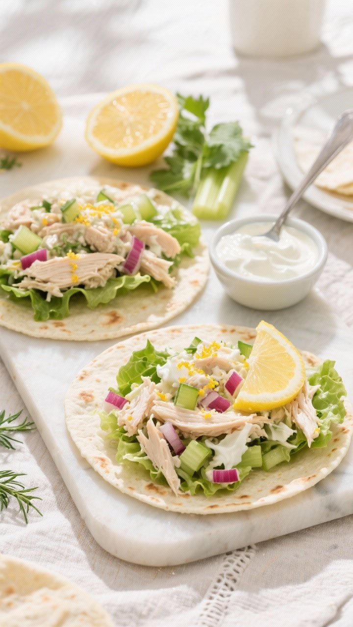 Overhead shot of Zesty Herbed Chicken Salad Wraps being assembled on a picnic-ready board: shredded cooked chicken mixed with Greek yogurt, mayonnaise, Dijon mustard, and lots of lemon zest and juice, speckled with finely diced celery and red onion, spooned into soft tortillas lined with crisp lettuce to prevent sogginess; extra lemon halves, celery leaves, and a small bowl of the creamy dressing on a light linen, bright spring mood, natural window light.