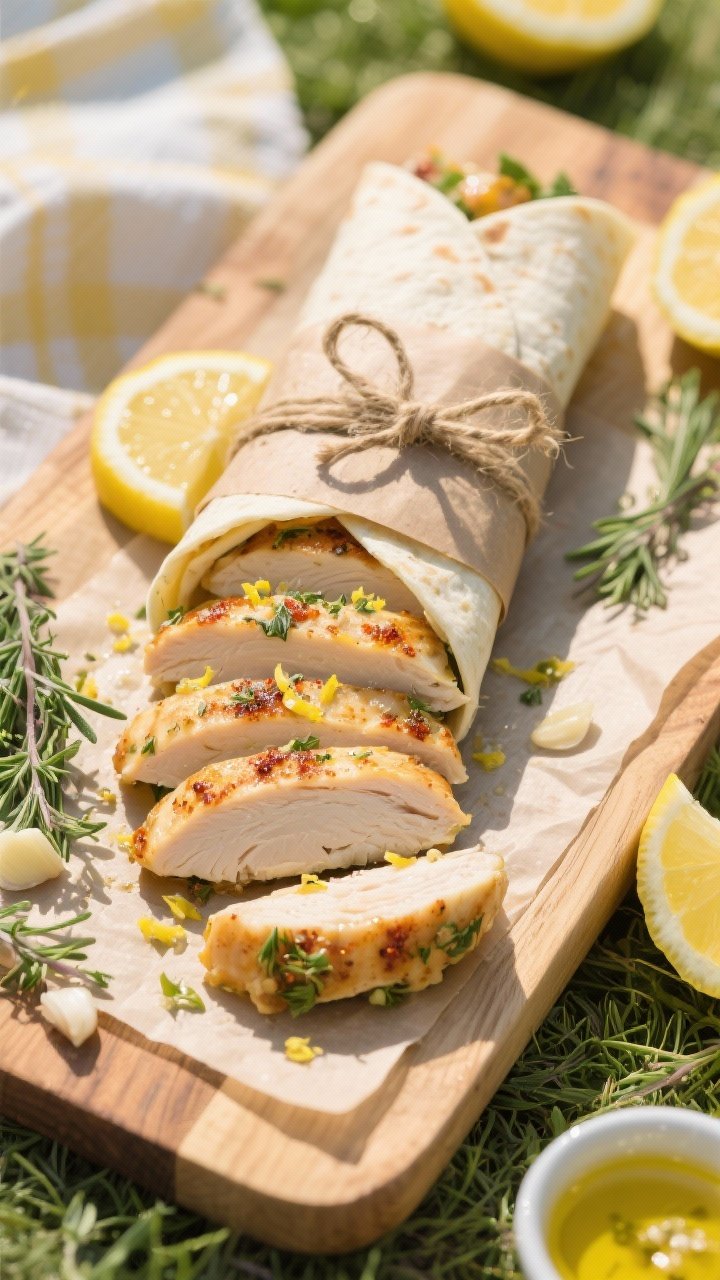 Overhead shot of zesty lemon-herb chicken picnic wraps sliced on a diagonal, tightly wrapped in parchment and twine on a wooden board; visible thinly sliced chicken seared with lemon zest, minced garlic, dried oregano, dried thyme, and a hint of smoked paprika, drizzled with olive oil; lemon wedges, herb sprigs, and a small bowl of lemon-garlic marinade on the side; bright, sunny picnic mood, crisp textures, no people.