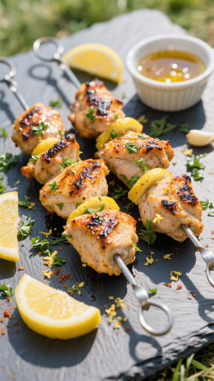 Overhead shot of zesty lemon-herb chicken skewers fresh off the grill: charred, juicy boneless chicken thigh pieces threaded on metal skewers, glistening with olive oil, lemon zest and juice, Dijon, honey, garlic, and a hint of smoky paprika; sprinkled with chopped fresh herbs, lemon wedges scattered, a small ramekin of marinade as glaze, set on a matte slate board with faint grill marks, bright, sunlit picnic mood.