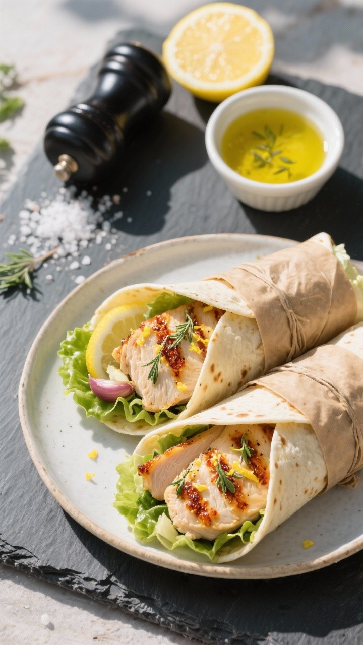 Overhead shot of zesty lemon-herb chicken wraps sliced on the bias and snugly wrapped for travel: grilled chicken thighs with visible lemon zest, oregano, smoked paprika char, and garlic tucked into tortillas with crisp crunchy lettuce; a small ramekin of olive oil-lemon juice dressing, lemon halves, black pepper grinder, and kosher salt flakes on a sunlit slate board, emphasizing juicy texture and portable picnic vibe.