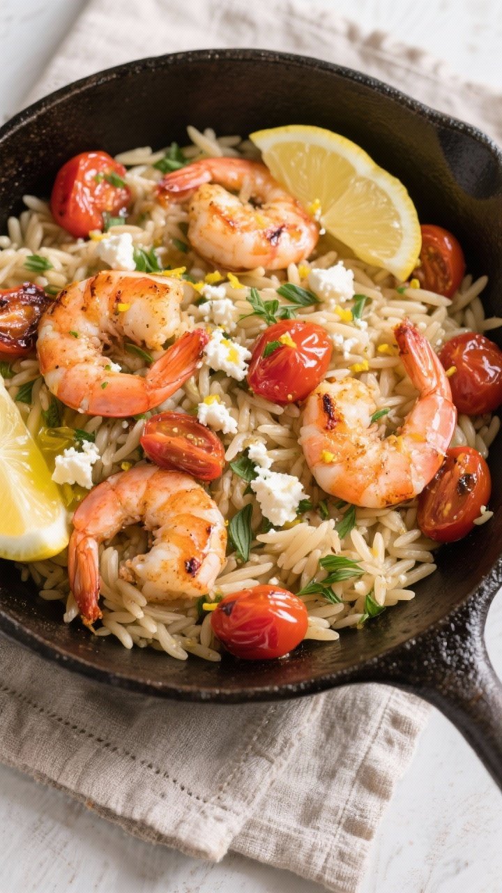 Overhead skillet shot of herby orzo tossed with roasted shrimp and burst cherry tomatoes: shrimp pink and curled, tomatoes blistered and juicy, orzo glossy with olive oil, garlic, and lemon zest; crumbled feta sprinkled generously, lemon wedges and a drizzle of remaining olive oil at the edges; bright, inviting meet-the-parents vibe on a cast-iron pan set on a linen.