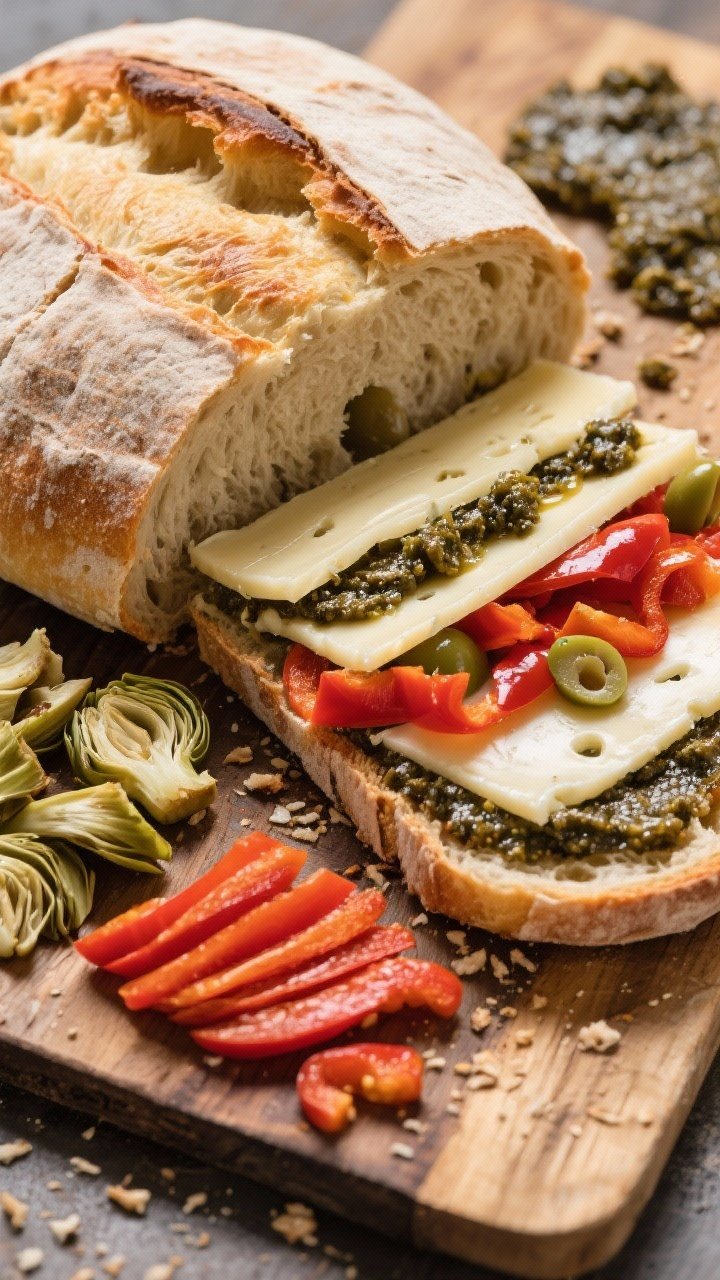 Overhead slice-and-stuff ingredient shot for Trailblazer Picnic Loaf: a large round country boule with top cap removed, inner crumb hollowed; layers ready to assemble—olive tapenade spread, provolone slices, roasted red peppers, marinated artichokes—neatly fanned beside the loaf; rustic board, crumbs and smear of tapenade visible, inviting textures.