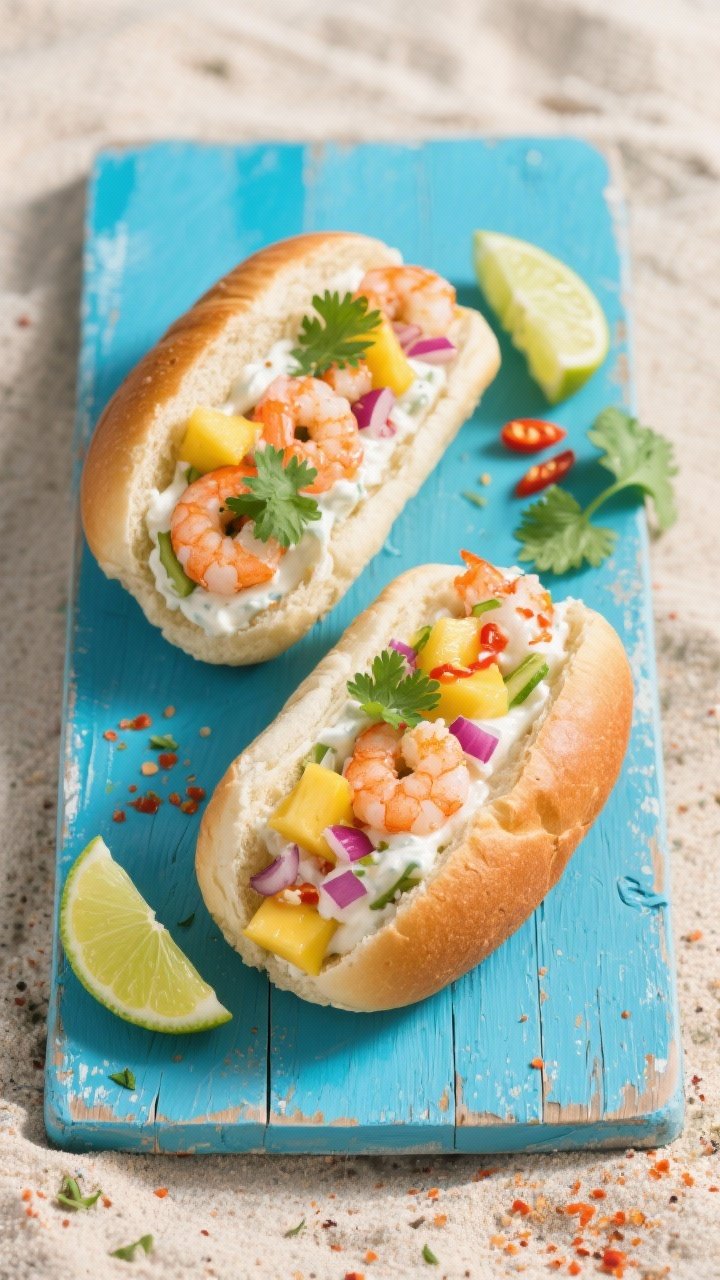 Overhead summer-fresh shrimp roll duo: split-top buns filled with chopped cooked shrimp in a creamy mayo–Greek yogurt dressing kissed with sriracha, lime juice, and lime zest, dotted with diced ripe mango and finely diced red onion. Garnished with cilantro, lime wedges nearby, a light chile sprinkle for heat. Bright beachy vibe on a weathered blue board, glossy, appetizing sheen.