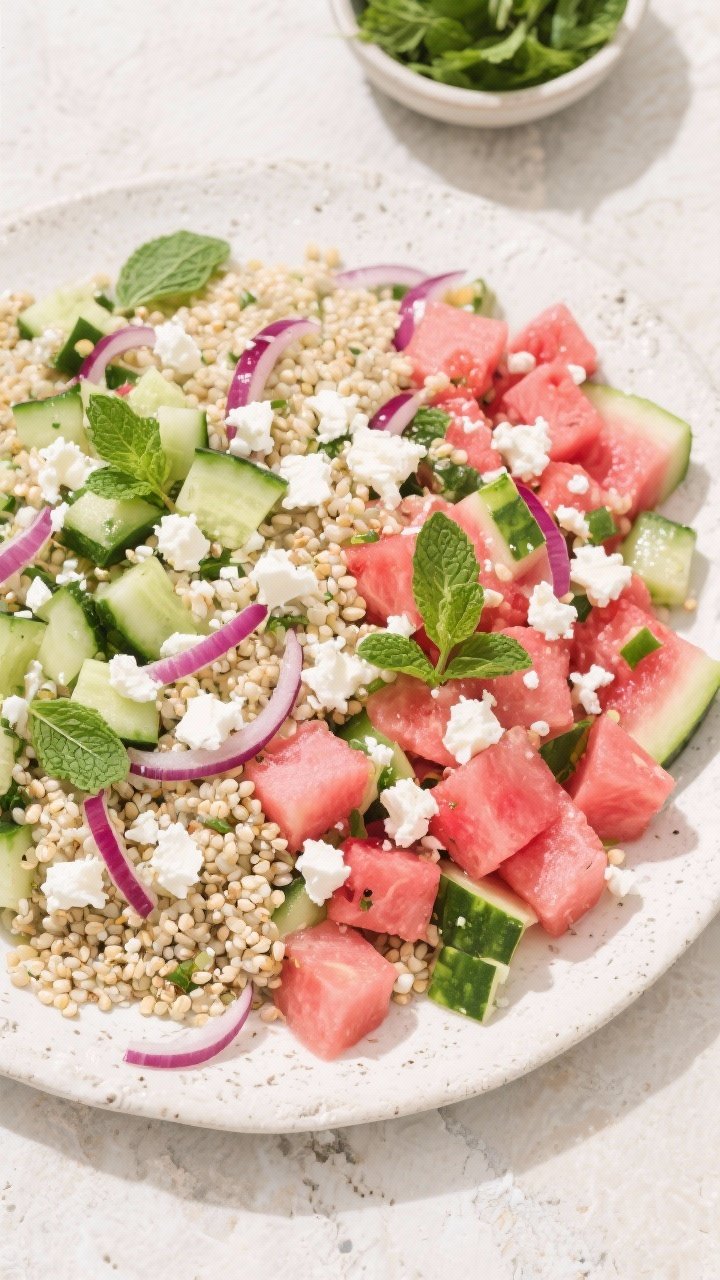 Overhead summertime grain salad featuring quinoa base topped with 1/2-inch watermelon cubes, diced English cucumber, very thinly sliced red onion, crumbled feta, and torn fresh mint; quinoa grains visible and fluffy, ingredients arranged in colorful sections then lightly tossed; cool, refreshing palette of pinks, greens, and white feta, styled on a pale stone surface with a small bowl of mint leaves; Mediterranean picnic feel, no people.