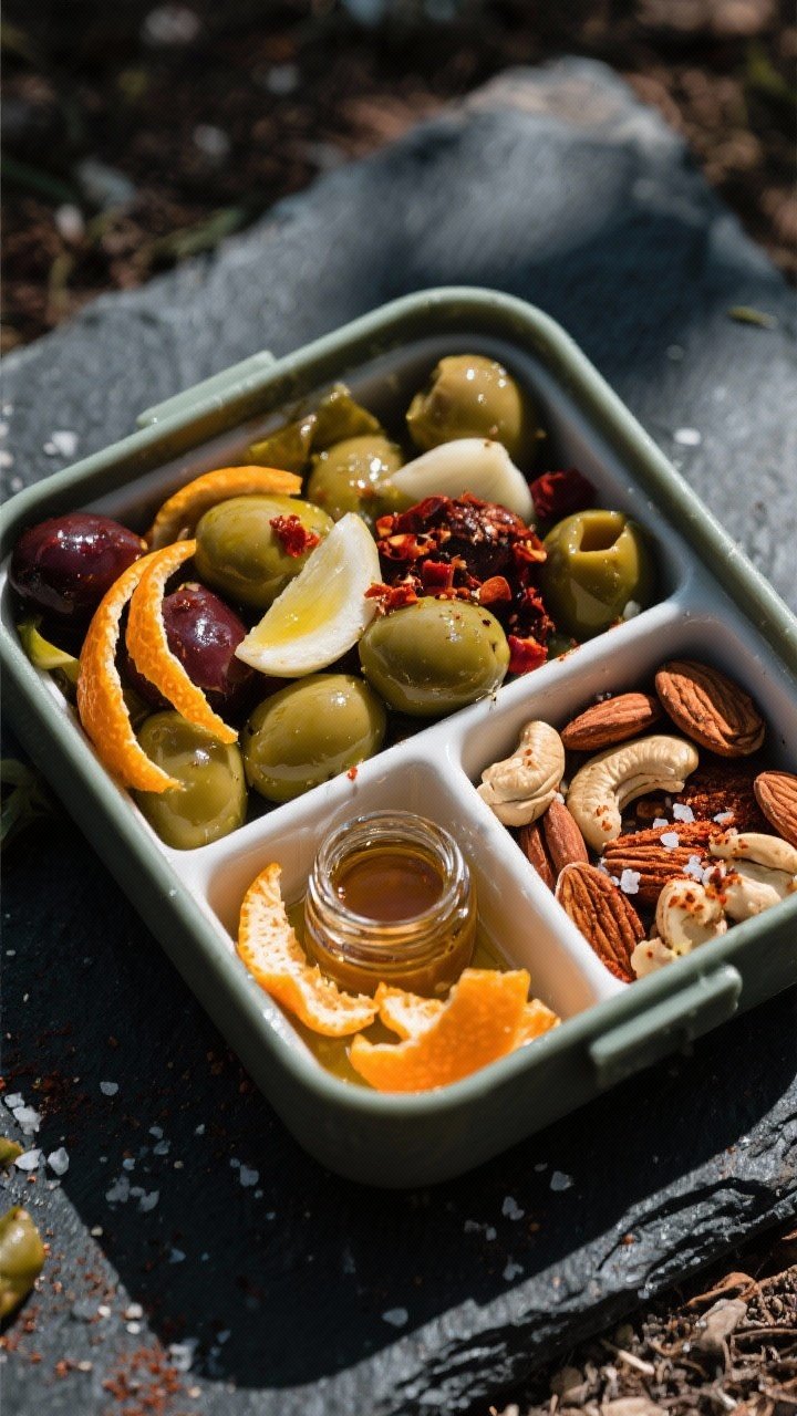 Overhead tapas-style bento box divided into sections: marinated mixed olives glistening with olive oil, orange zest curls, thin garlic slices, and crushed red pepper; adjacent section of roasted almonds/cashews dusted with smoked paprika and sea salt; a small compartment with orange peel scraps and a tiny jar of extra marinade; dark stone surface, moody Mediterranean picnic feel.