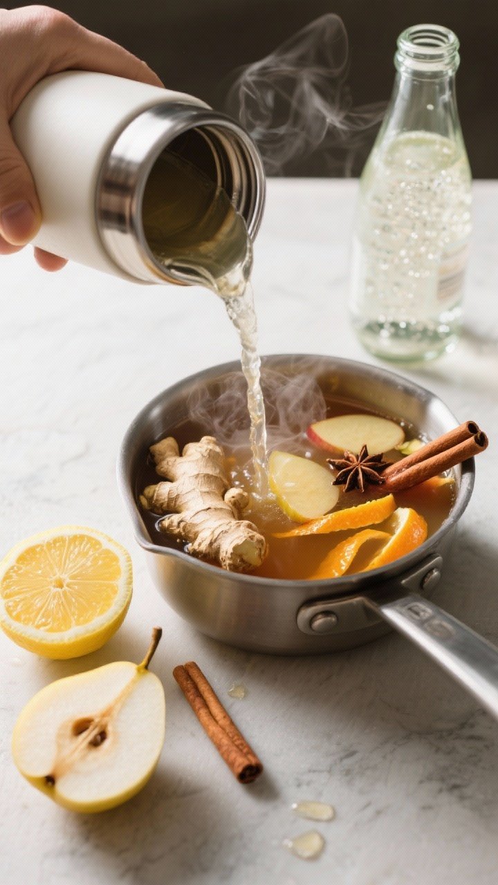 Overhead thermos mocktail setup: a clear carafe pouring a mulled pear and ginger sparkler into a thermos, with pear juice and apple cider in a saucepan infused with fresh ginger slices, cinnamon sticks, whole cloves, and orange peel strips; lemon wedge nearby for brightness, sparkling water bottle off-frame edge; garnished pear slice and cinnamon stick ready for serving; cozy steam and citrus oils visible.