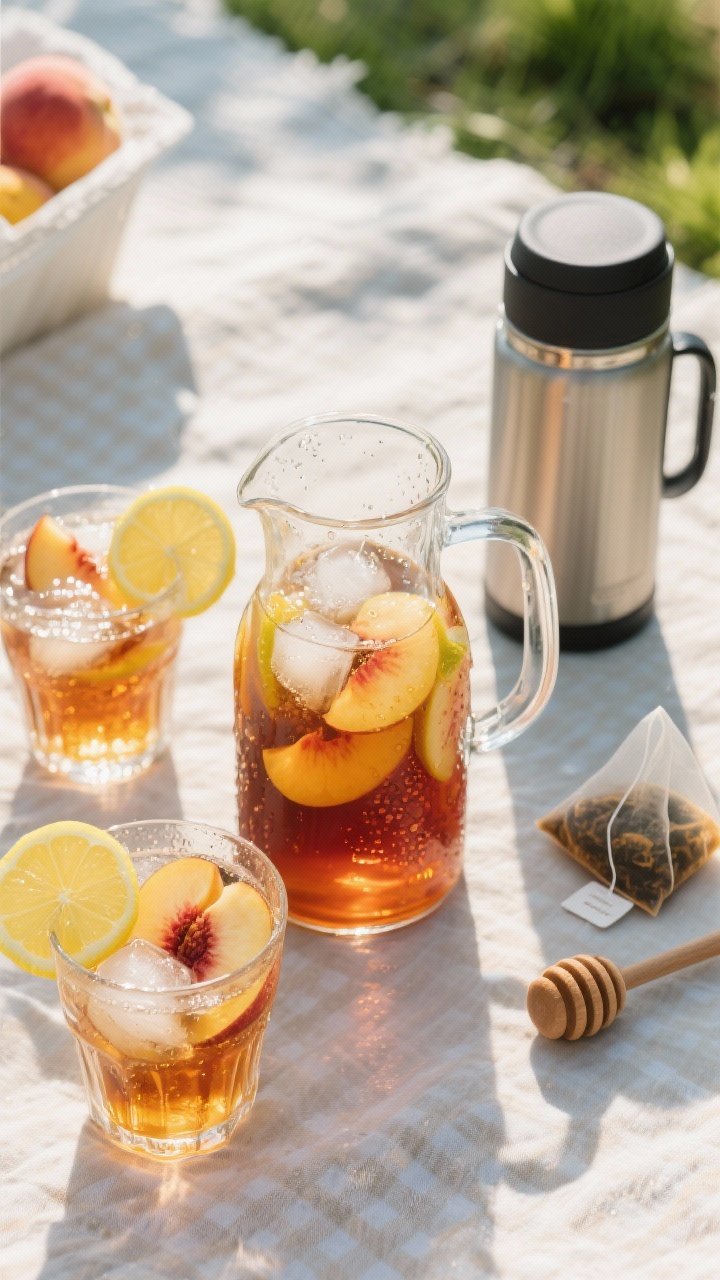 Overhead thermos-ready peach iced tea lemonade setup: a clear carafe with amber black tea mixed with peach nectar and fresh lemon juice, lightly sweetened with honey/simple syrup; ice-filled glasses with peach slices and lemon wheels, condensation beading; tea bags and a small honey dipper to the side; crisp, refreshing picnic vibe with bright sunlight.