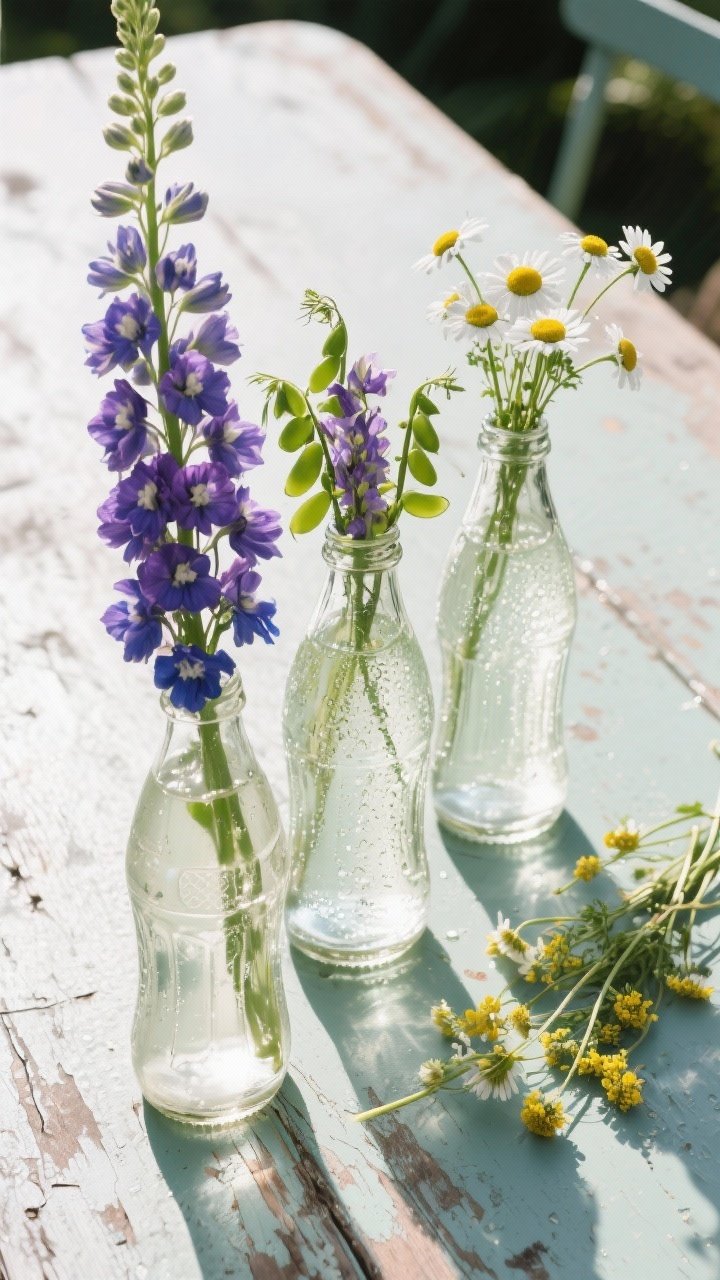 Overhead trio of field-to-table bottle arrangements from recycled sparkling water/soda bottles: tall spikes of delphinium or larkspur, ruffled filler from sweet pea or snapdragon, and small focal daisies or tansy distributed across three clear bottles; arranged in a loose line on a weathered outdoor table, bottle condensation, scattered spare stems to the side, bright natural light.