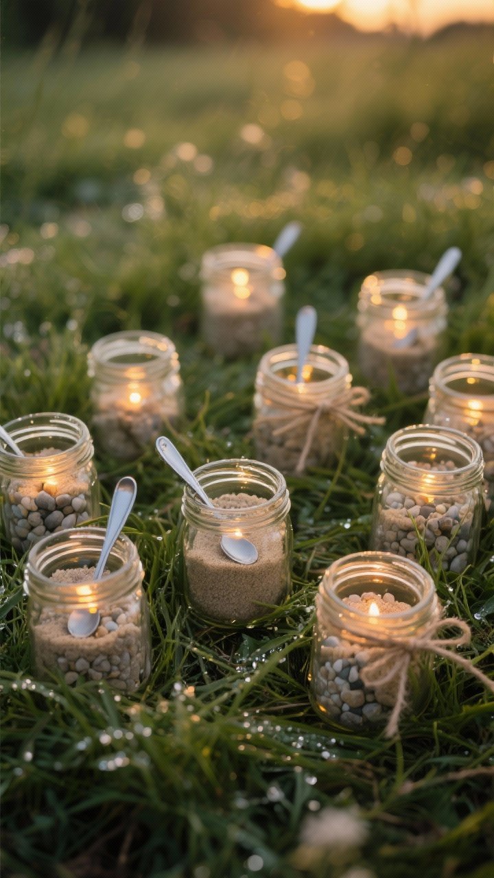 Overhead twilight shot of 8–12 pint-size mason jars nestled in dewy grass, each jar anchored with a tablespoon of fine sand or small pebbles and a glowing tea light or LED tea light inside; a few jars are tied with thin ribbon or twine for a rustic touch, subtle bokeh of meadow greens, shallow depth of field, soft golden-hour ambiance, no people.