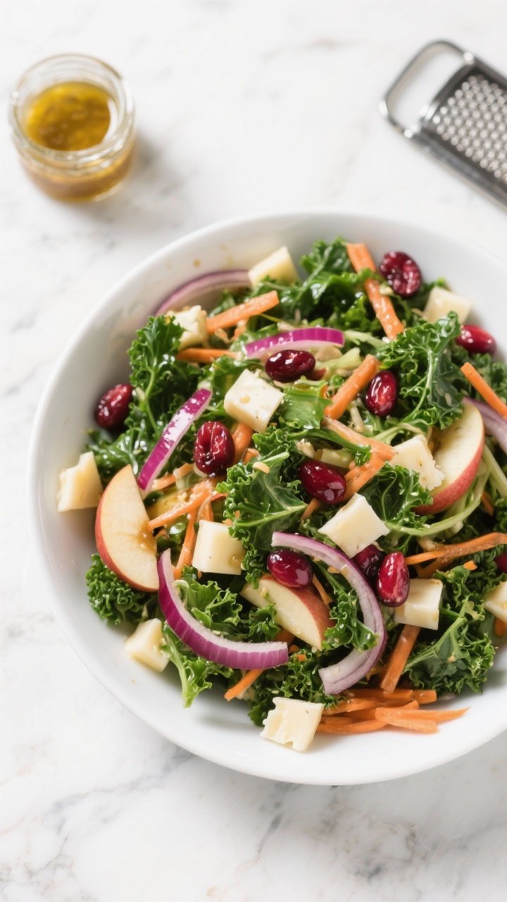 Overhead vibrant kale slaw in a wide white bowl: finely sliced curly kale tossed with shredded carrots, very thinly sliced red onion, julienned apple, and cubes of sharp white cheddar; glossy from apple cider vinaigrette, topped with dried cranberries; set on a marble surface with a small jar of vinaigrette and a grater nearby.