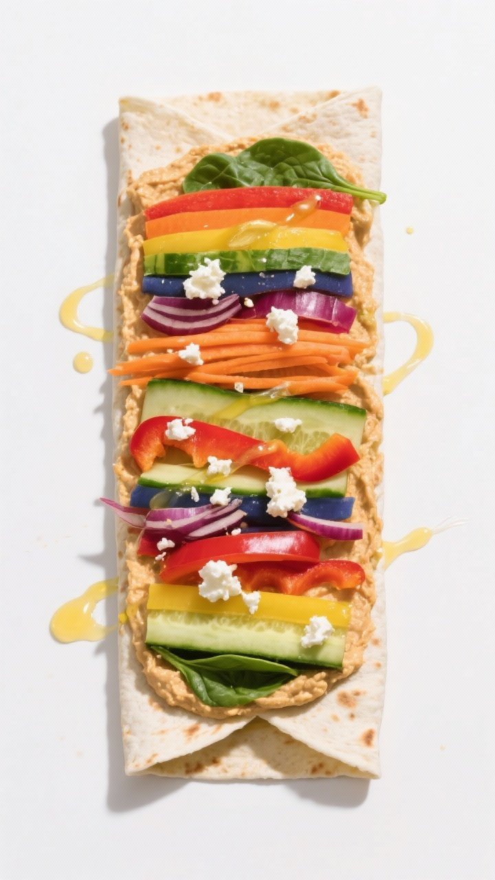 Overhead vibrant rainbow wrap assembly: spinach tortilla spread edge-to-edge with creamy hummus (roasted red pepper hummus showing orange hue), rows of baby spinach, shredded carrots, thin cucumbers, thin red bell pepper, red onion slivers, crumbled feta, and a drizzle of zesty lemony dressing. Bright, saturated colors, neat parallel stripes, clean white background for pop.