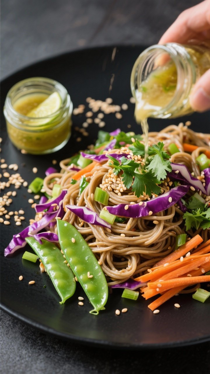 Overhead vibrant sesame soba salad: chilled soba noodles tossed with shredded purple cabbage, sliced snow peas on the bias, julienned carrot, scallions, chopped cilantro, and toasted sesame seeds; a small jar of ginger-lime dressing mid-pour captured in motion, sesame seeds scattered on a matte black plate for contrast, crisp textures front and center.