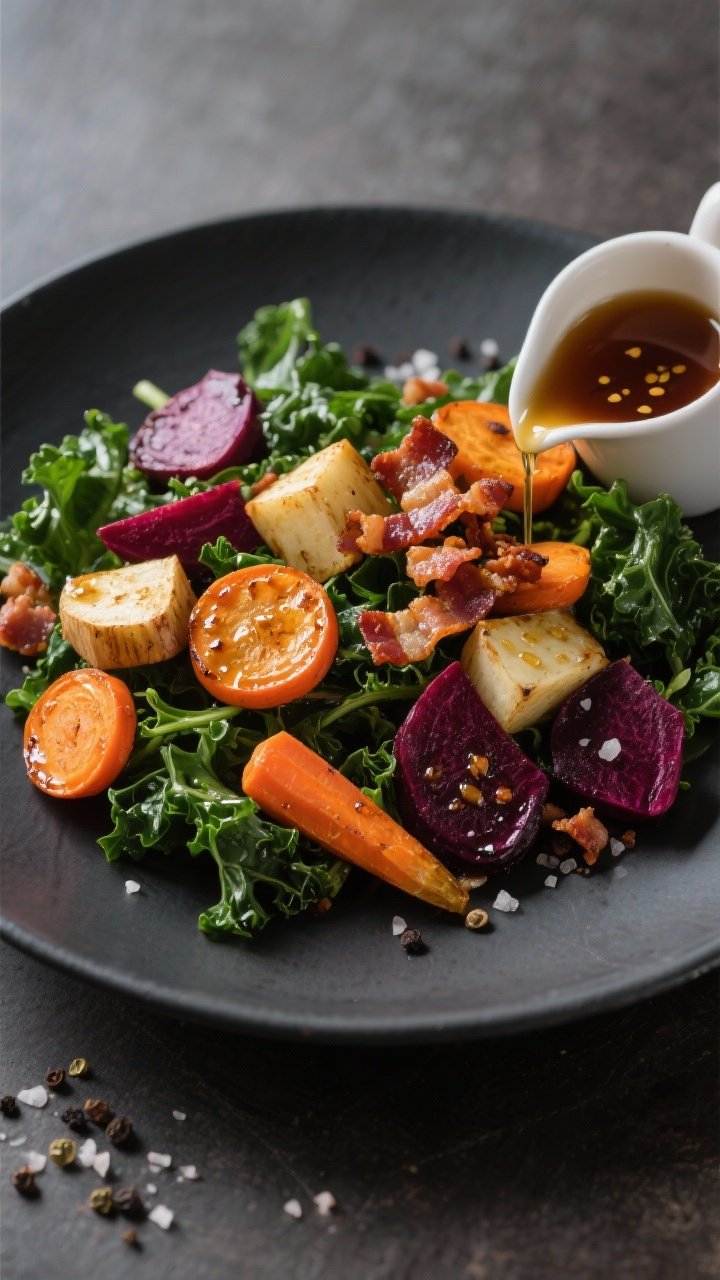Overhead warm salad plating: maple-mustard roasted root vegetables—carrot coins, parsnip chunks, and beet wedges—caramelized and glossy, scattered over a bed of baby kale/lacinato kale; a small pitcher of warm bacon vinaigrette mid-pour, crispy bacon bits visible; salt and black pepper flakes; contrasting orange, gold, and magenta hues on a matte charcoal plate.