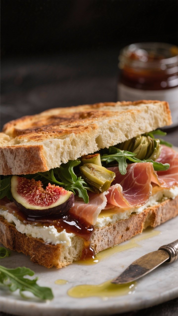 Panini-press style, straight-on shot of a prosciutto, fig, and goat cheese press: rustic country loaf slices with softened goat cheese spread, glossy fig jam, layered with silky prosciutto, baby arugula, and a few chopped marinated artichoke hearts; lightly pressed so the goat cheese warms and edges toast; cut edge showing marbled prosciutto and jam swirl; a brush of olive oil on the crust, with a small jar of fig spread in background; elegant, slightly moody lighting for a luxe feel.