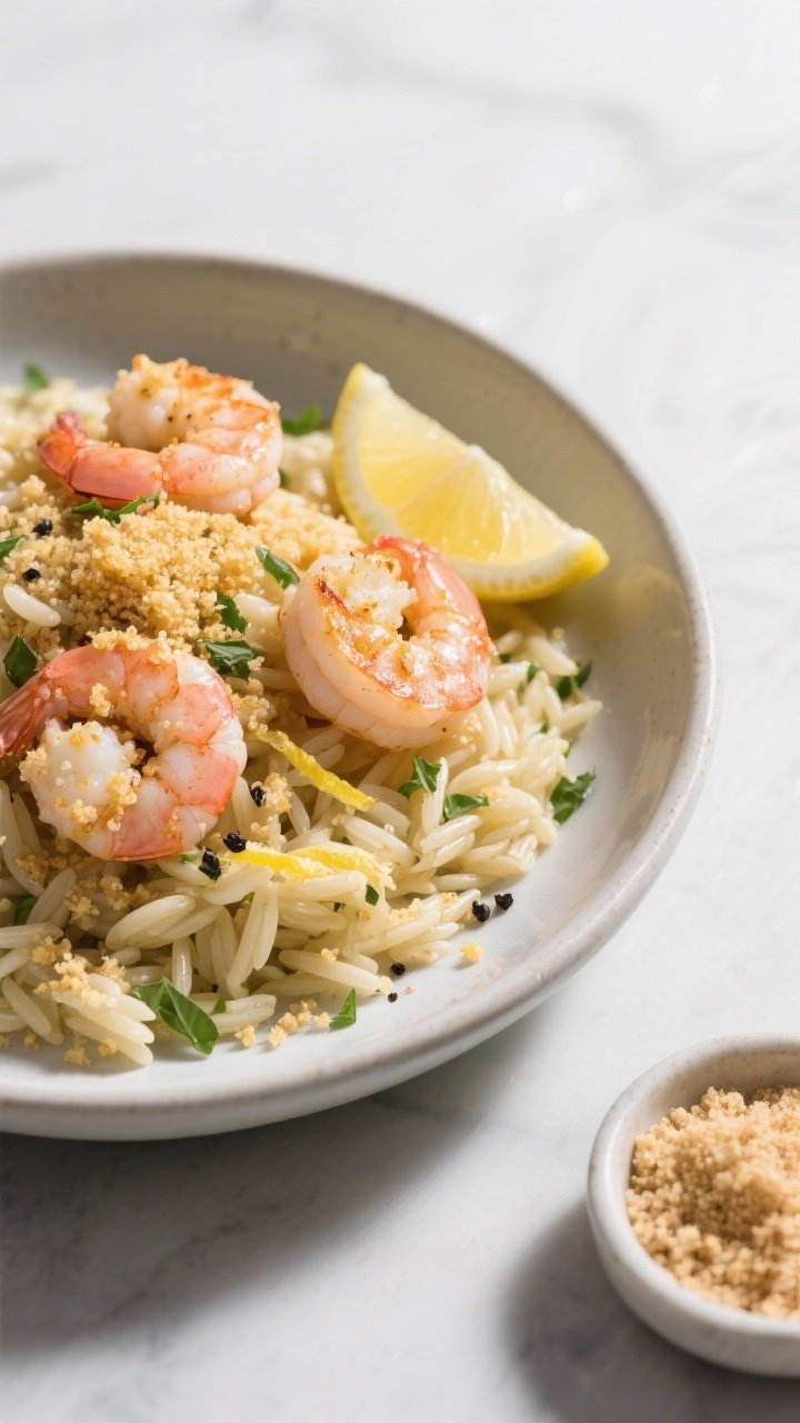 Plated 45-degree shot of lemon-herb orzo piled in a shallow bowl, topped with pink shrimp seared in olive oil, finished with garlicky golden panko breadcrumbs; flecks of fresh herbs, black pepper, and lemon zest visible; a lemon wedge and a small dish of extra breadcrumbs nearby, clean modern styling with high contrast.