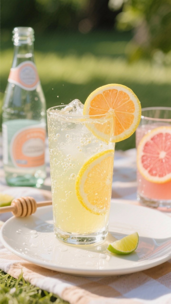 Plated drink shot at 45 degrees: sparkling citrus lemonade in a clear highball with ice, tiny bubbles rising; pale yellow from fresh lemon juice, kissed with orange and lime; honey-simple syrup clarity; garnished with thin lemon and orange wheels and optional blush-hued rosé swirl in a second glass; chilled bottle of sparkling water in background, sunny picnic mood.