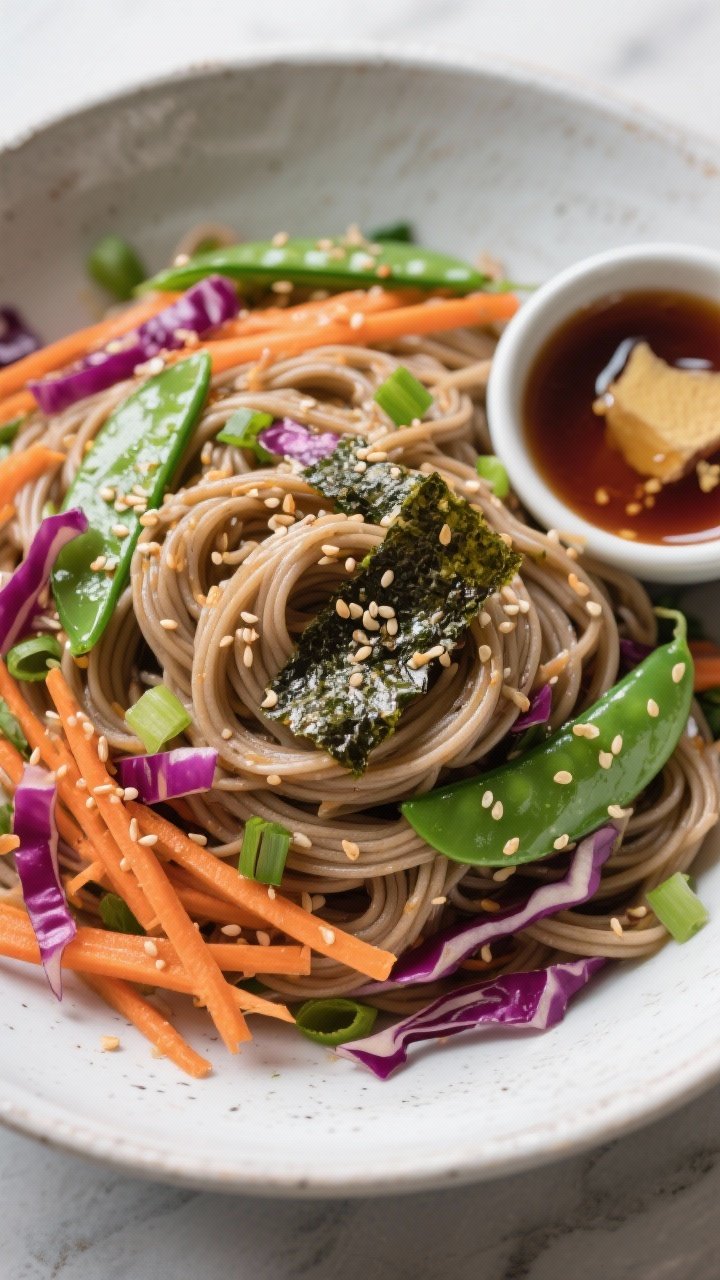 Plated overhead bowl of Spray-Zone Cold Soba Noodle Salad: tangle of soba noodles tossed with shredded carrots, thin red cabbage, julienned snow peas, scallions; sprinkled with toasted sesame seeds and ribbons of snipped nori; a small dish of ginger-sesame dressing on the side, cool tones with pops of orange and purple, crisp clarity.