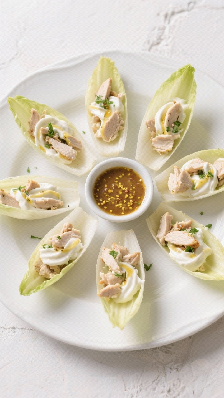 Plated overhead of Maple-Mustard Chicken Salad Endive Boats: crisp Belgian endive leaves cradling chopped chicken bound with Greek yogurt and mayonnaise, swirled with Dijon and whole-grain mustard; garnished lightly with herbs; arranged radially on a white platter with a small bowl of extra sauce; fresh, clean, tangy-sweet mood.