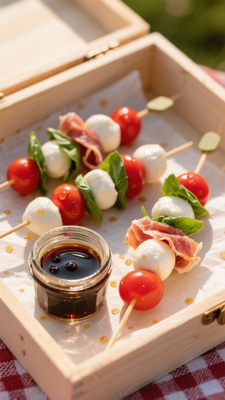 Plated picnic box of Lakeside Caprese Skewers: mini mozzarella balls, cherry tomatoes, and small basil leaves threaded on mini skewers, some wrapped with thin ribbons of prosciutto; a small jar of glossy balsamic-fig drizzle alongside, with droplets artistically dotting parchment; bright reds, whites, and greens pop against a light wood box, soft golden hour light.