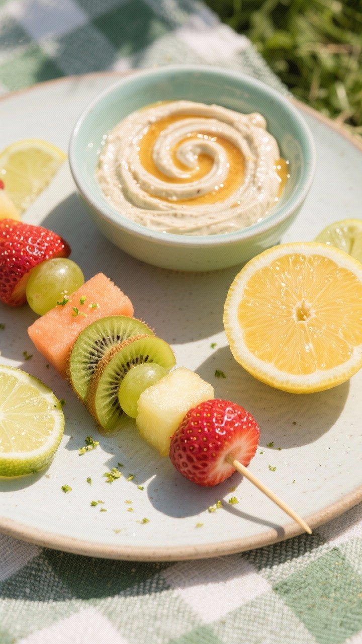 Plated picnic presentation at 45 degrees: honey-lime fruit skewers threaded with pineapple chunks, halved strawberries, melon cubes, seedless grapes, and thick kiwi rounds, lightly glazed and dusted with lime zest; a bowl of yogurt tahini dip swirled smooth, drizzled with honey, on a pale ceramic plate with citrus wedges.