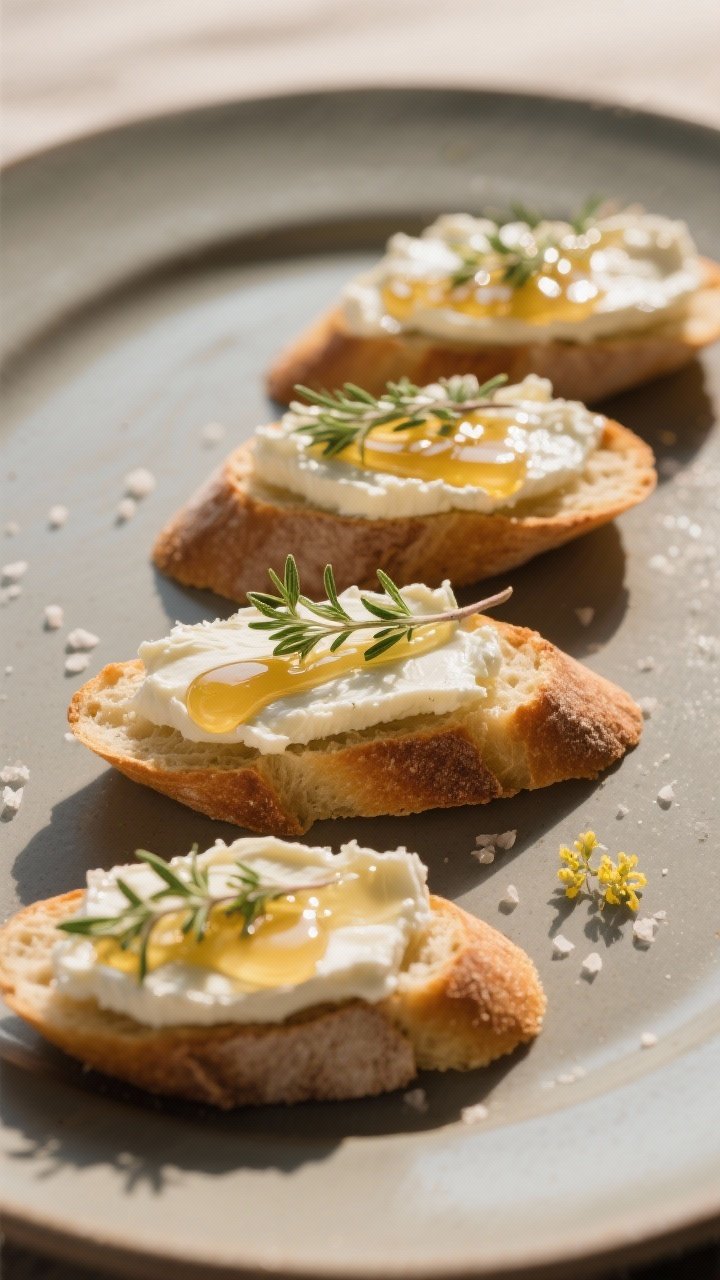 Plated tartines at 45 degrees: crisp baguette slices topped with a thick swoosh of soft goat cheese, a glossy ribbon of wildflower honey, and fresh thyme leaves; finish with a whisper of flaky sea salt and a tiny brush of olive oil; arranged in a staggered row on a matte ceramic platter, warm afternoon light highlighting the honey sheen.