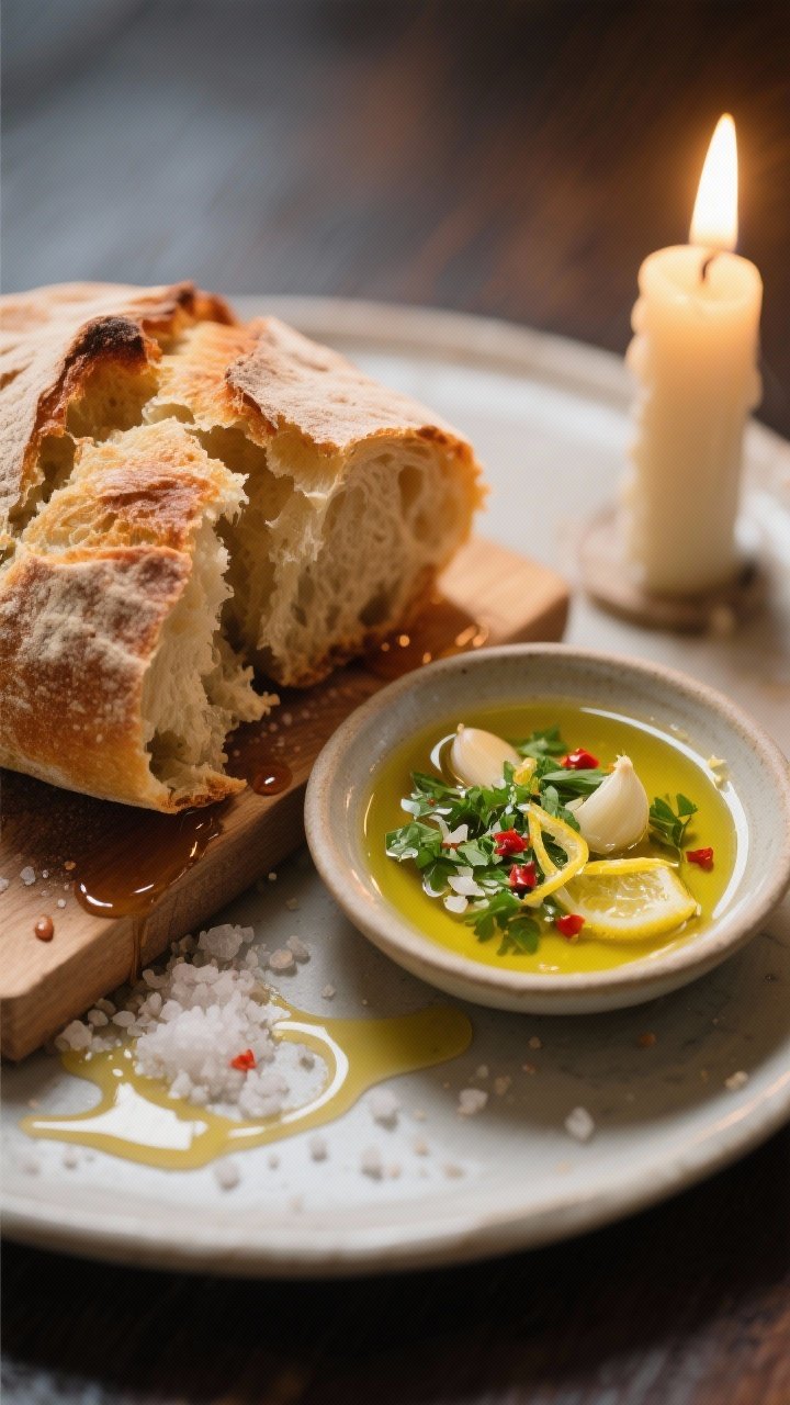 Plated tear-and-dip bread scene by candle drips: a crusty sourdough loaf torn open on a board, beside a shallow dish of extra-virgin olive oil infused with grated garlic, lemon zest, chopped parsley, and a pinch of crushed red pepper; sea salt flakes scattered; warm pools of candlelight, oil shimmering, tight 45-degree crop for appetizing texture.