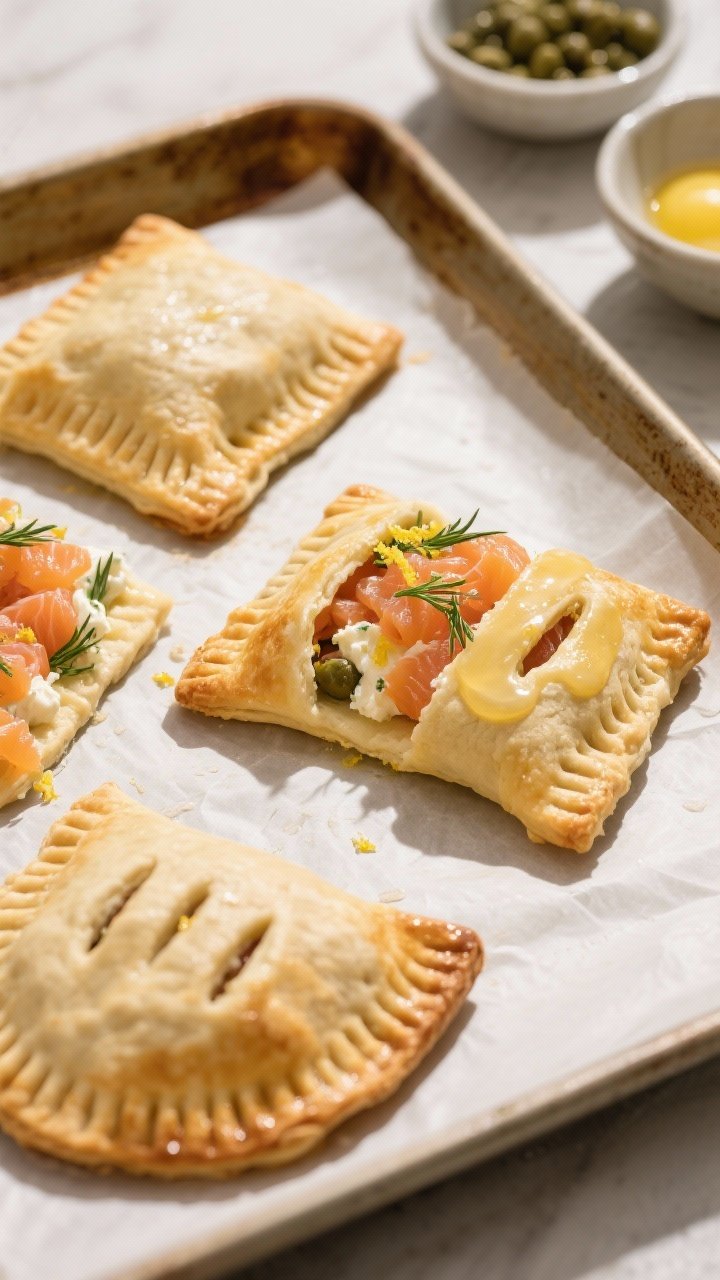 Process-focused overhead shot of Coral Sunshine smoked salmon hand pies on a parchment-lined baking sheet: puff pastry squares being filled with chopped smoked salmon, cream cheese, dill, lemon zest, and capers; one pie crimped, one brushed with egg wash, and one cut with steam vents; golden tones beginning to develop, shallow tray shadows, tidy mise en place bowls nearby.