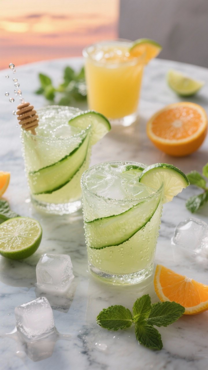 Refreshing overhead beverage scene: frosty citrus-cucumber cooler poured into condensation-beaded glasses with thin cucumber ribbons, a pale green hue from blended cucumber, balanced with fresh lime and orange juice, lightly sweetened with honey, topped with cold sparkling water; lime wedges, orange slices, ice cubes, and mint sprigs scattered on a cool marble surface, sunset glow implied.