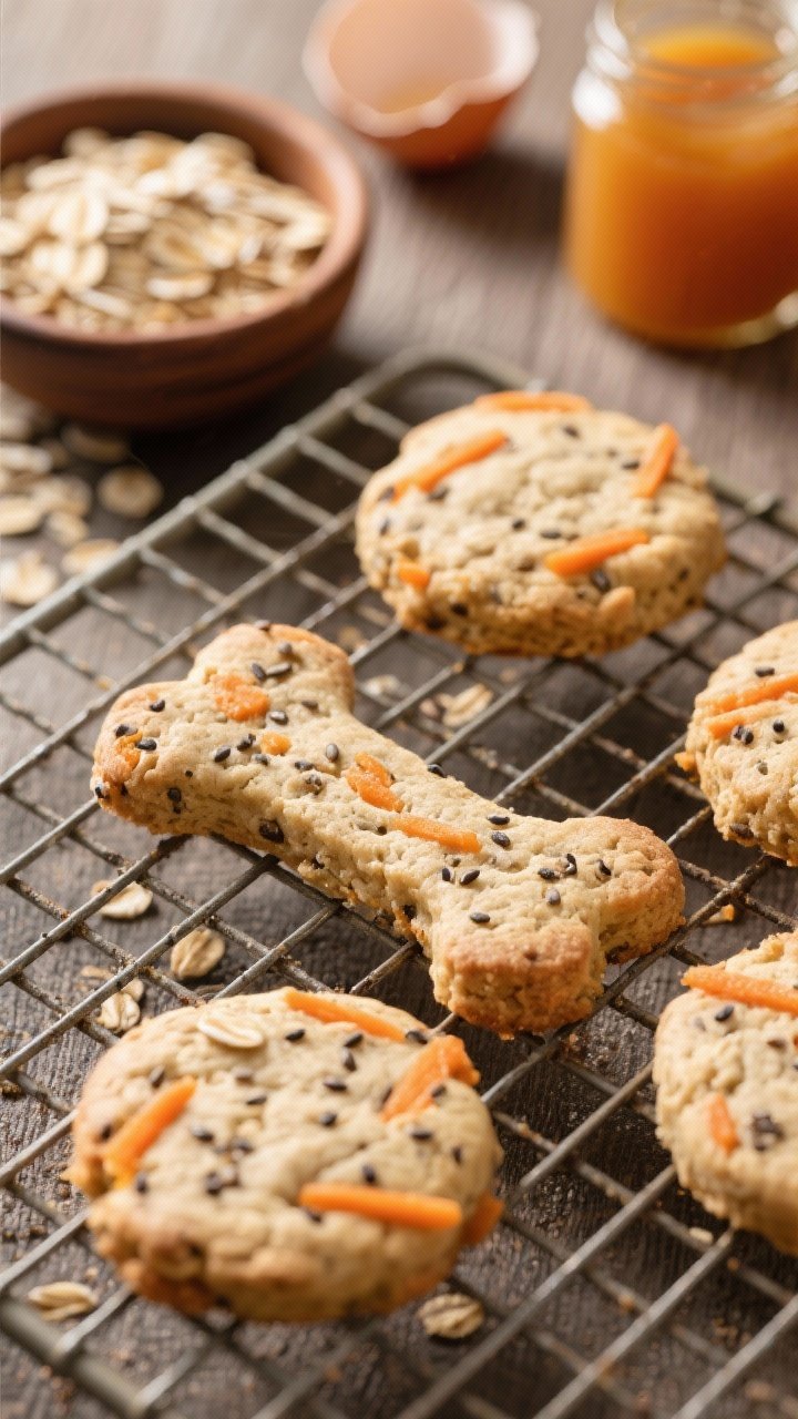 Rustic close-up of Crunchy Carrot-Chia Dog Biscuits cooling on a wire rack: bone- and round-shaped biscuits showing visible grated carrot strands, chia seeds, and oat flecks within a whole wheat (or oat) flour dough; a small bowl of rolled oats, applesauce jar, and cracked egg shells in the background; crisp edges, matte finish, warm afternoon light.