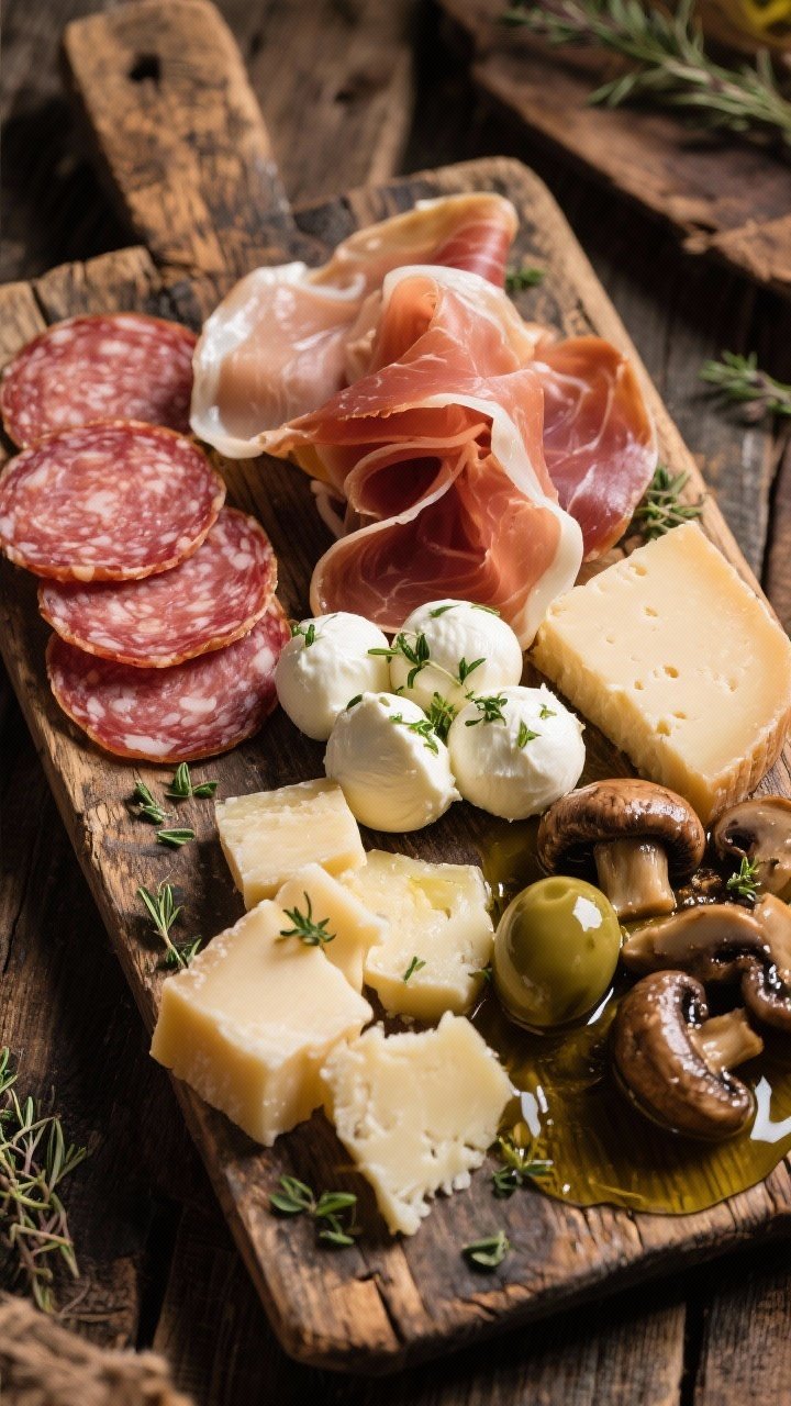 Rustic Italian antipasto overhead on a weathered wooden board: prosciutto draped, mortadella or capicola slices, genoa salami coins, rugged chunks/shaves of aged parmesan or pecorino, marinated mozzarella balls (bocconcini) glistening with herbs, and glossy marinated mushrooms; olive oil sheen, scattered oregano, earthy and old-world styling.