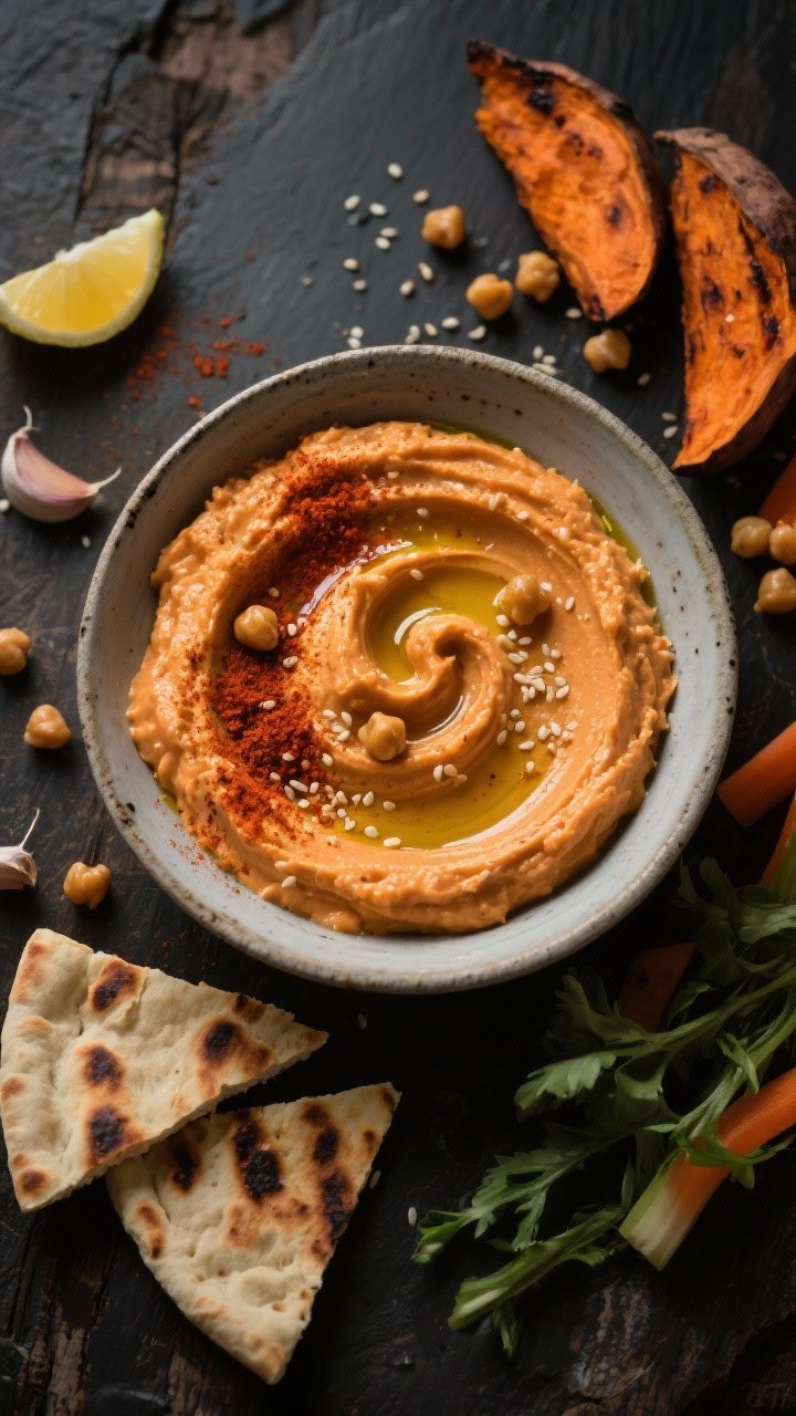 Rustic overhead flat lay of smoky sweet potato hummus: a low, wide bowl swirled with creamy orange hummus made from roasted sweet potato, chickpeas, tahini, lemon juice, garlic, and smoked paprika; paprika dusted on top with a drizzle of olive oil, sesame seeds, and a few chickpeas; charred pita wedges and crunchy veggies around; moody contrast to highlight velvety texture.