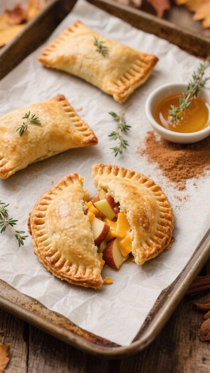 Rustic overhead shot of Mountain Vista Cheddar-Apple Hand Pies: golden puff pastry hand pies with crimped edges and a few thyme leaves on top, one pie cut open to reveal gooey sharp cheddar and cinnamon-kissed diced apples; a small dish of warm thyme honey glistening nearby, brown sugar dusting on parchment-lined baking tray, cozy autumn palette.