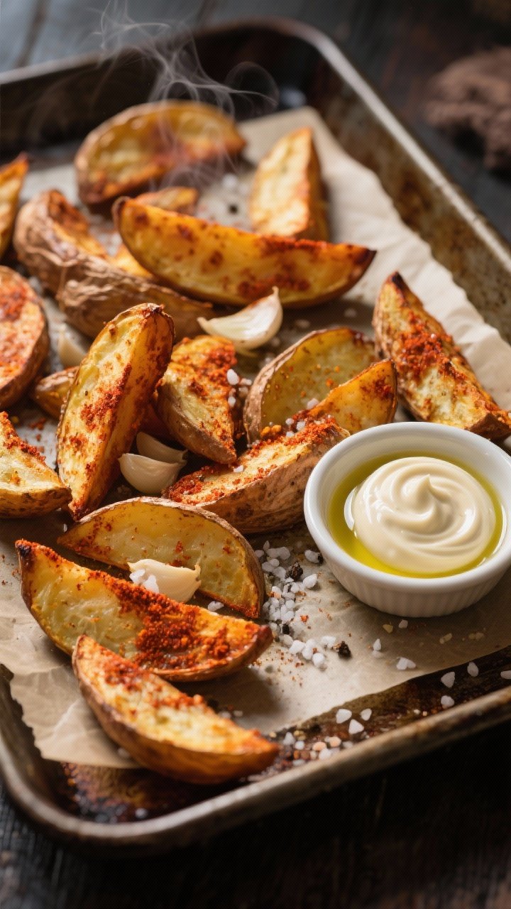 Rustic overhead tray shot: Smoky Paprika Potato Wedges fresh from the oven, deeply golden with visible paprika, garlic powder, onion powder, salt, black pepper, and optional cayenne; crisp edges with steam wisps; a ramekin of garlicky aioli swirled with olive oil beside; flecks of sea salt on a parchment-lined sheet pan, warm moody lighting.