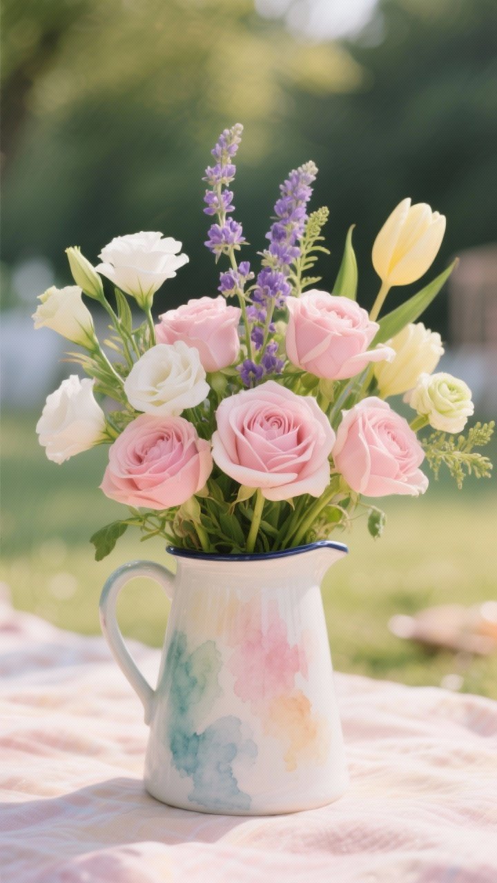 Soft-lit straight-on portrait of a ceramic/enamel pitcher bursting with “watercolor” petals: 7 garden roses or peonies in blush/pink, 6 white lisianthus, 5 lavender stock, 4 pale yellow tulips/ranunculus, with 6 stems of fresh greenery weaving through; bokeh picnic background, pastel color harmony, gentle shadows, the pitcher centered and crisp for that photo-gold moment.