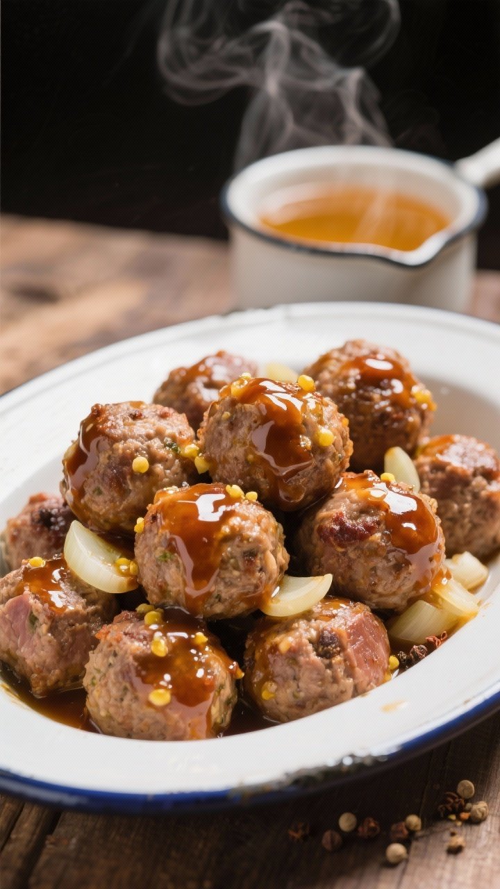 Straight-on, action shot of cider-glazed picnic meatballs piled in a shallow enamel dish: pork meatballs speckled with onion, garlic, Dijon, salt, pepper, and a hint of spice, lacquered in a tangy apple-cider glaze; a small pot of simmering cider reduction in the background; steam rising, glossy shine emphasizing the glaze.