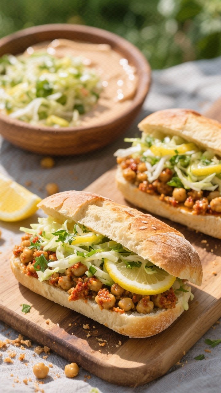 Straight-on assembly shot of smoky chickpea sandwiches with lemon-herb slaw: crusty rolls split open, filled with smashed smoky chickpeas (paprika and cumin tones implied) and piled high with bright lemon-herb slaw; extra slaw in a bowl behind. Light smear of sauce on the bread, crumbs on a wooden board, fresh and hearty picnic vibe.